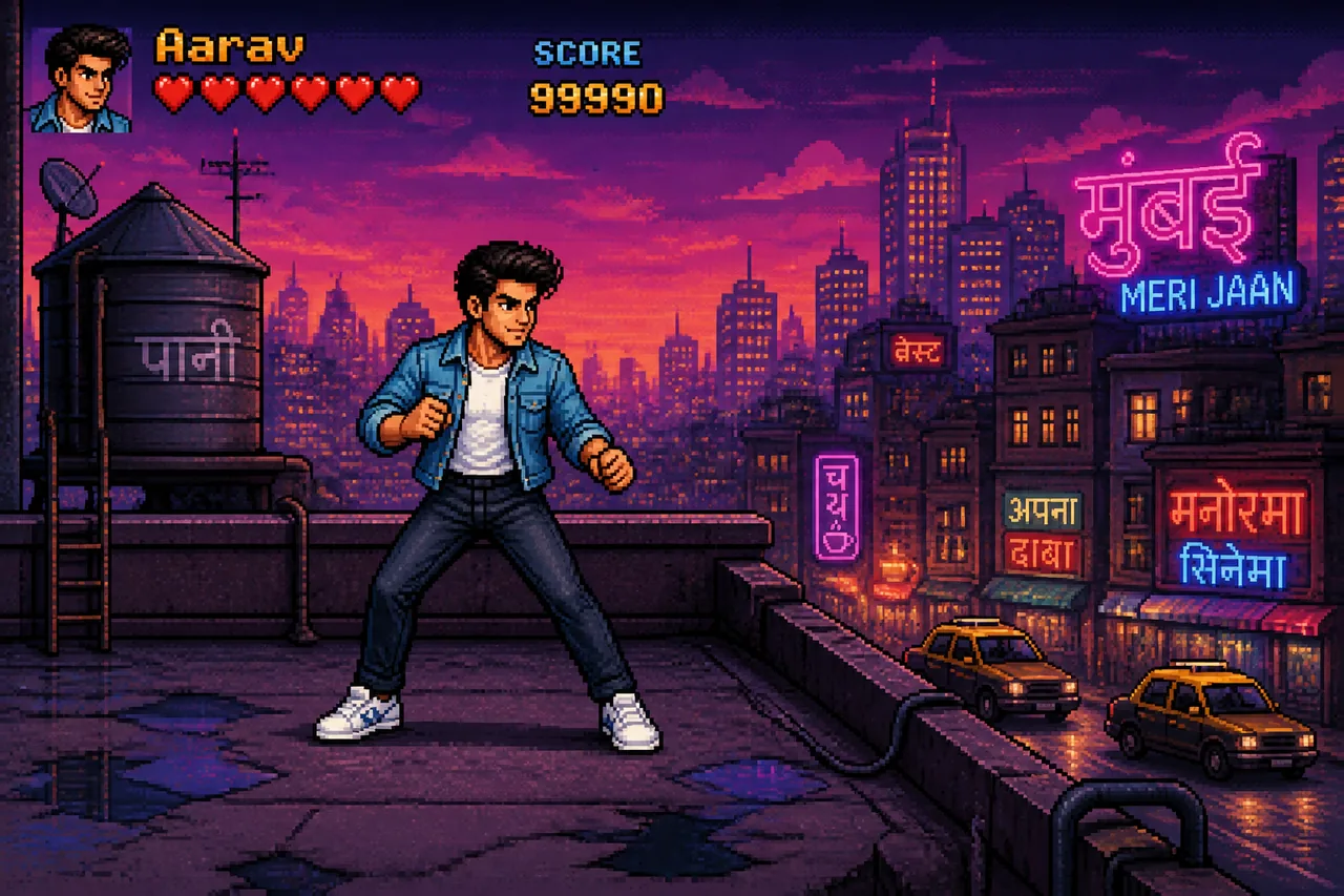 16-Bit Retro Game Hero Mumbai Pixel Art Prompt – AI se bani photo