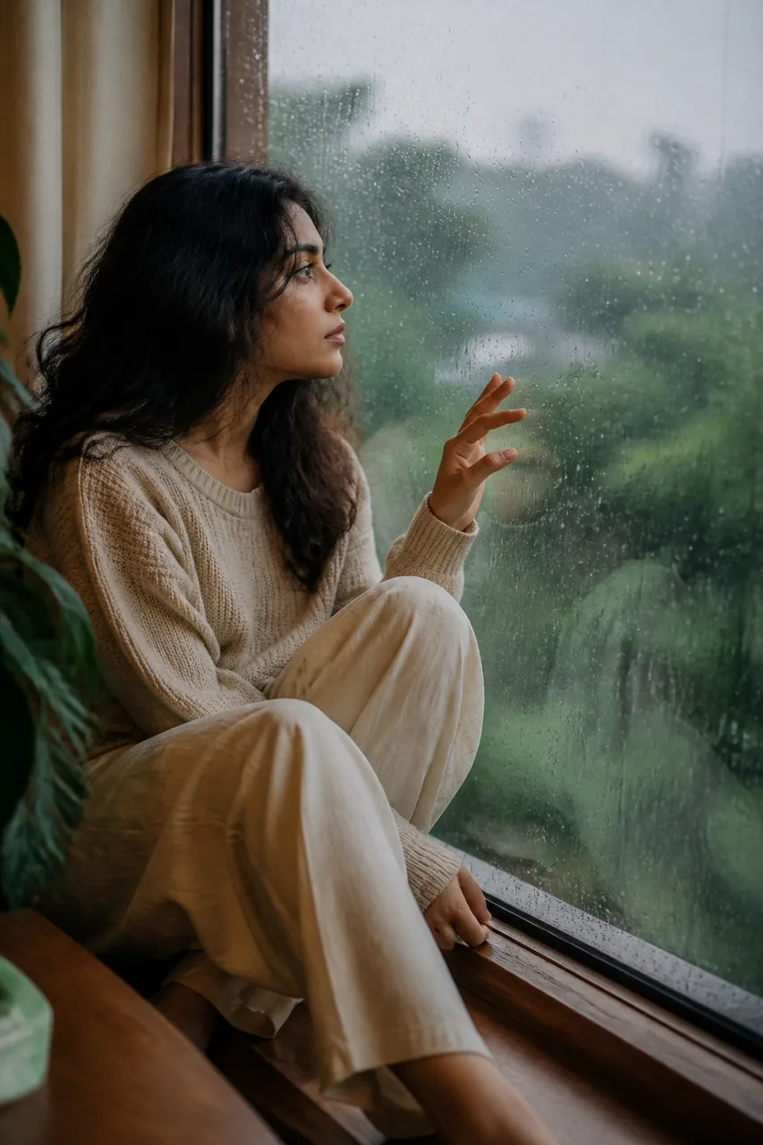 Aesthetic Rainy Window Monsoon Portrait (Gemini AI) – AI se bani photo