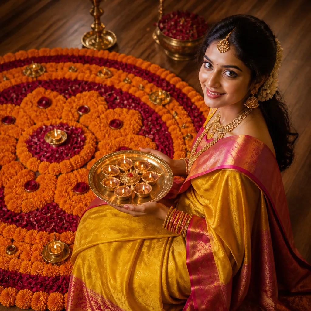 Aesthetic Rangoli & Brass Thali Diwali Photo Prompt – AI se bani photo