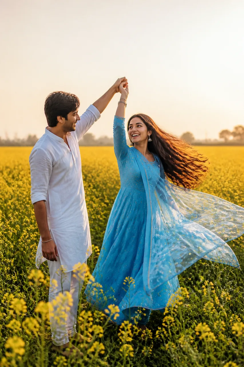 Bollywood Style Mustard Field Romantic Couple (ChatGPT) – AI se bani photo