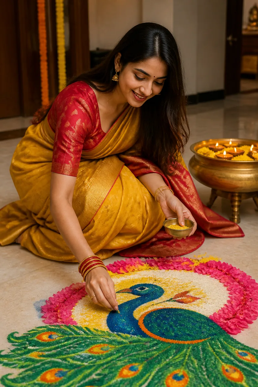 Candid Rangoli Making in Chanderi Saree Photo Prompt – AI se bani photo
