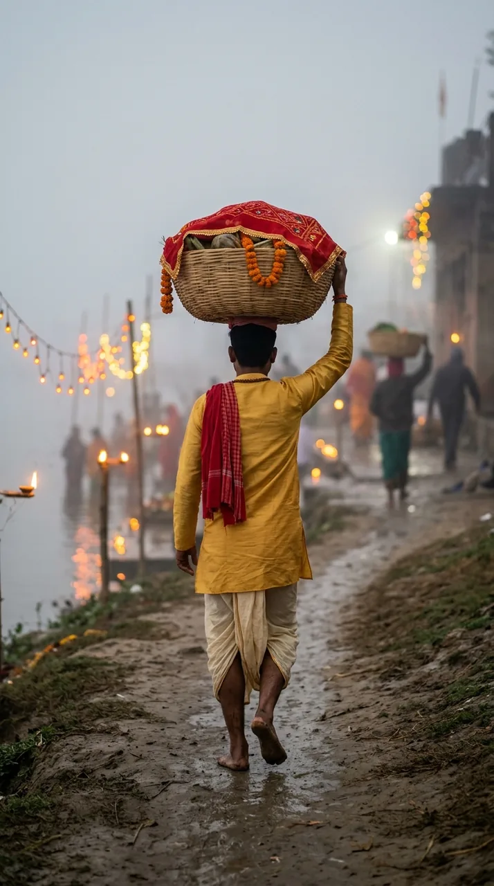 Chhath Daura on Head Men Photo Prompt (Gemini AI) – AI se bani photo