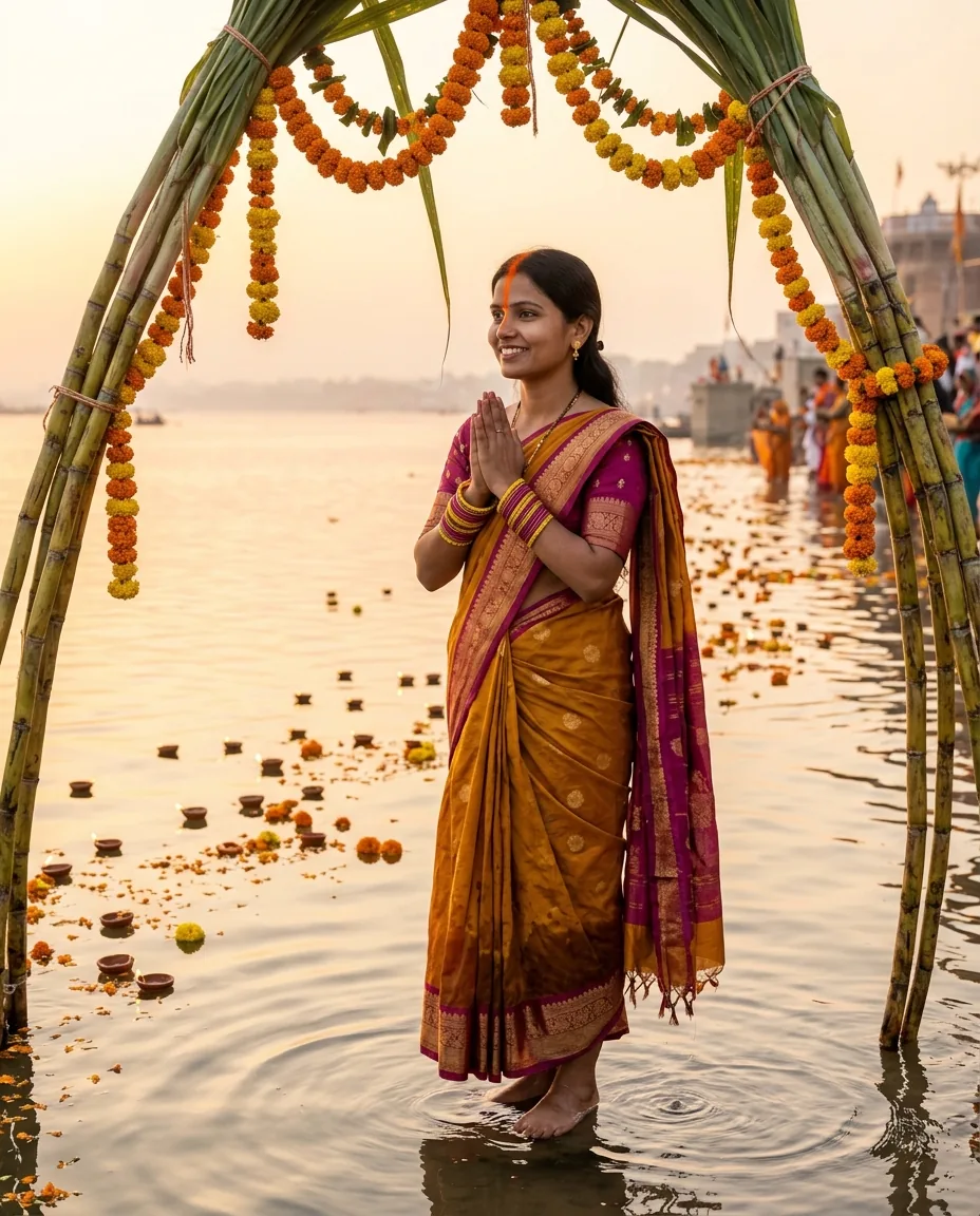 Chhath Ghat Sugarcane Sunset Arghya Photo Prompt – AI se bani photo