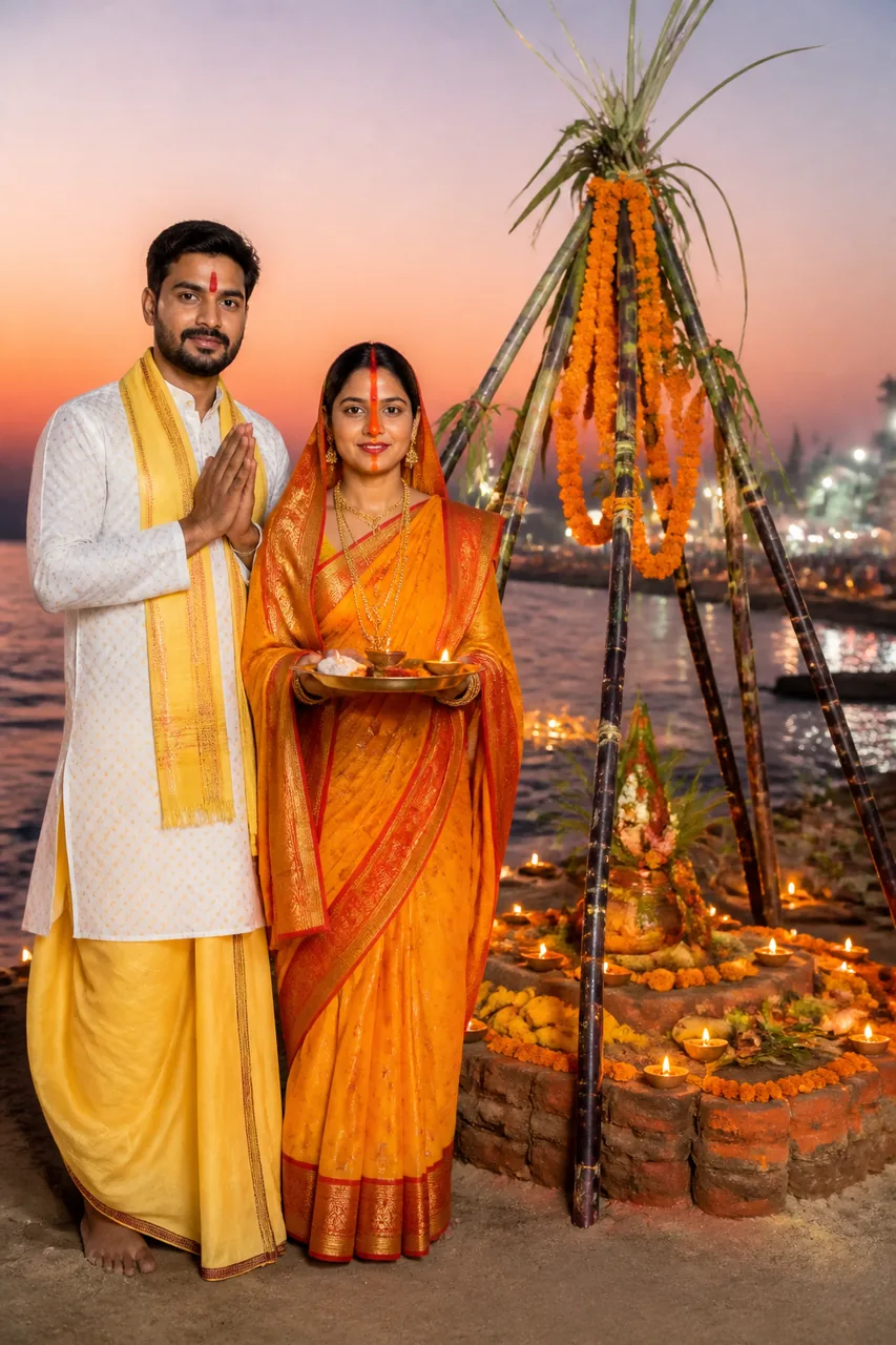 Chhath Puja Couple at Decorative Ghat Photo Prompt – AI se bani photo