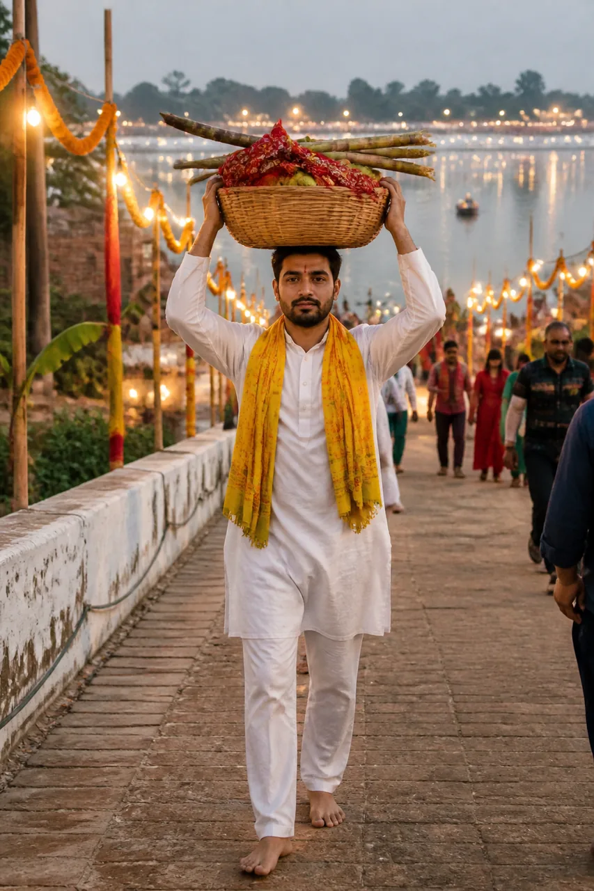 Chhath Puja Daura Carrying Men Traditional Photo Prompt – AI se bani photo