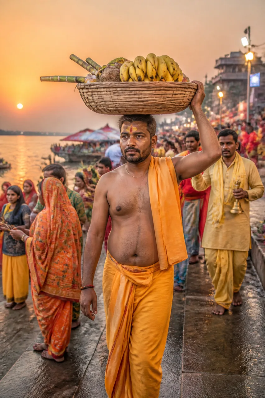 Chhath Puja Daura on Head Ghat Entry Prompt for Men – AI se bani photo