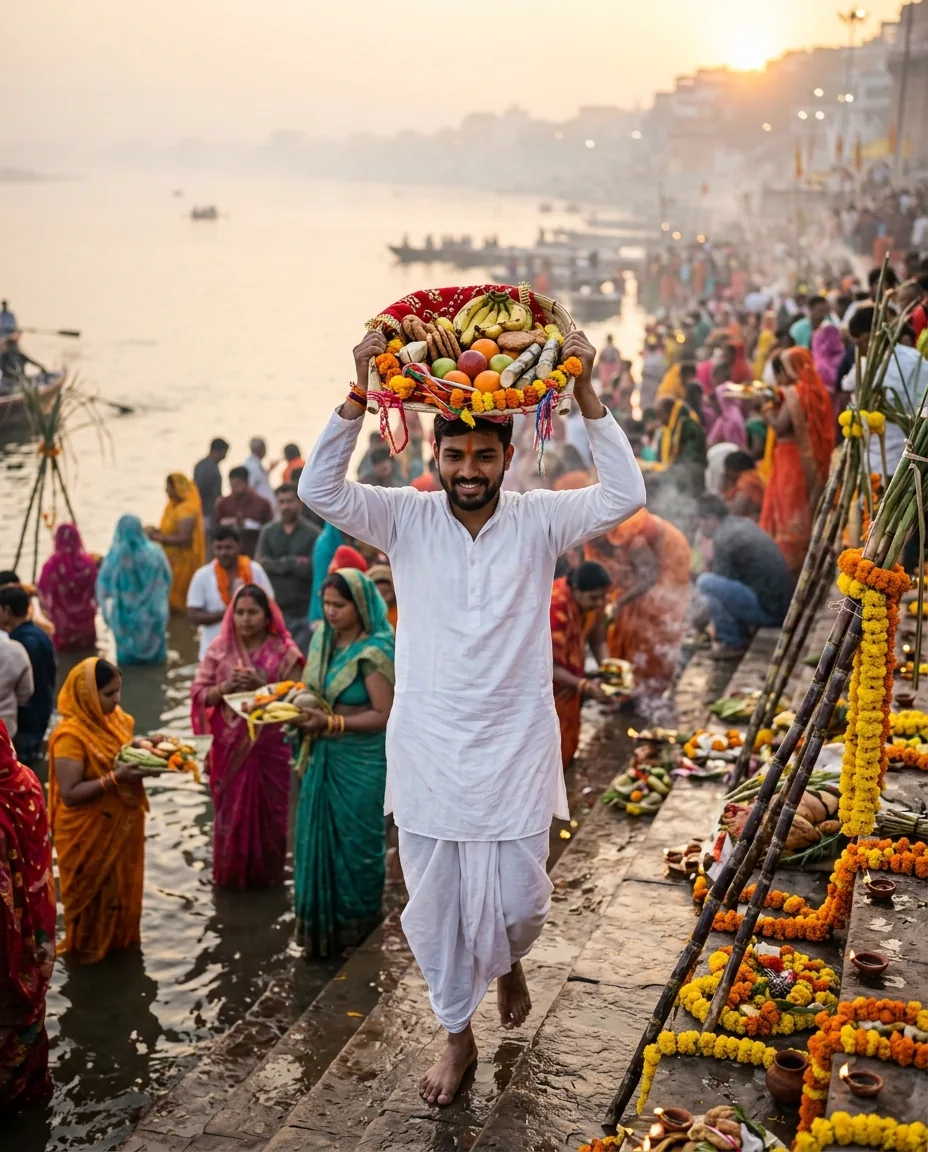 Chhath Puja Photo Prompt for Boys at the Ghat – AI se bani photo