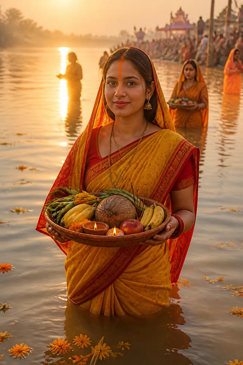 Chhath Puja Sunrise Arghya Photo Prompt for Women (Gemini AI) – AI se bani photo
