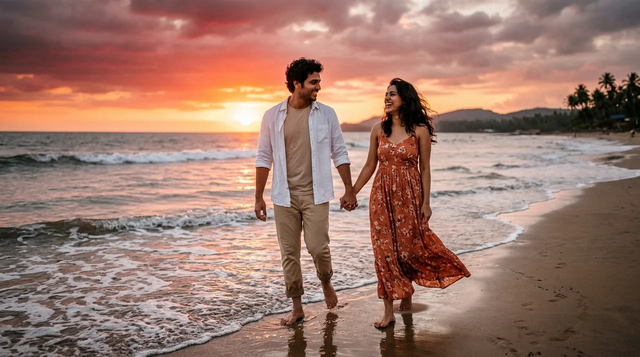 Cinematic Goa Beach Sunset Couple Photo (Meta AI) – AI se bani photo