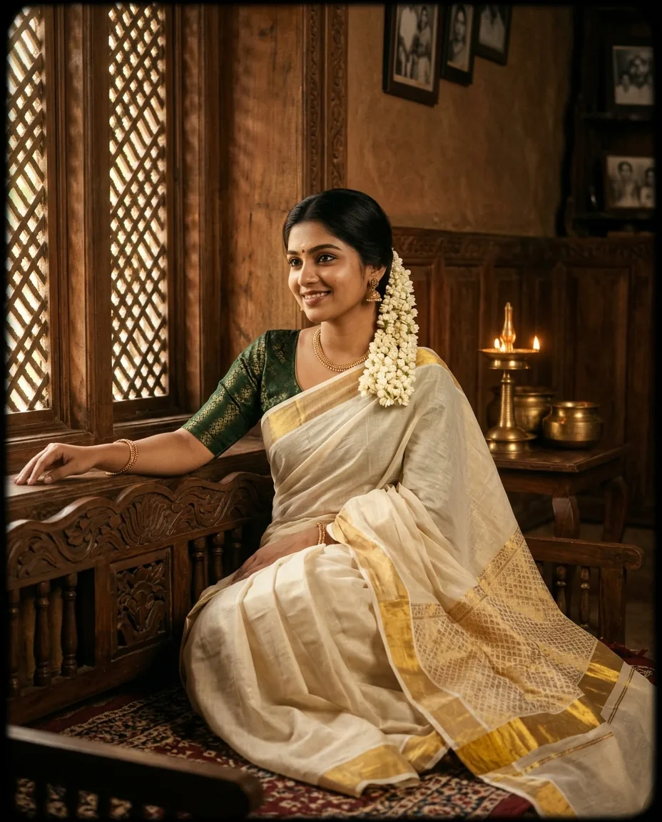 Classic South Indian Brass Lamp & Gajra Window Portrait – AI se bani photo
