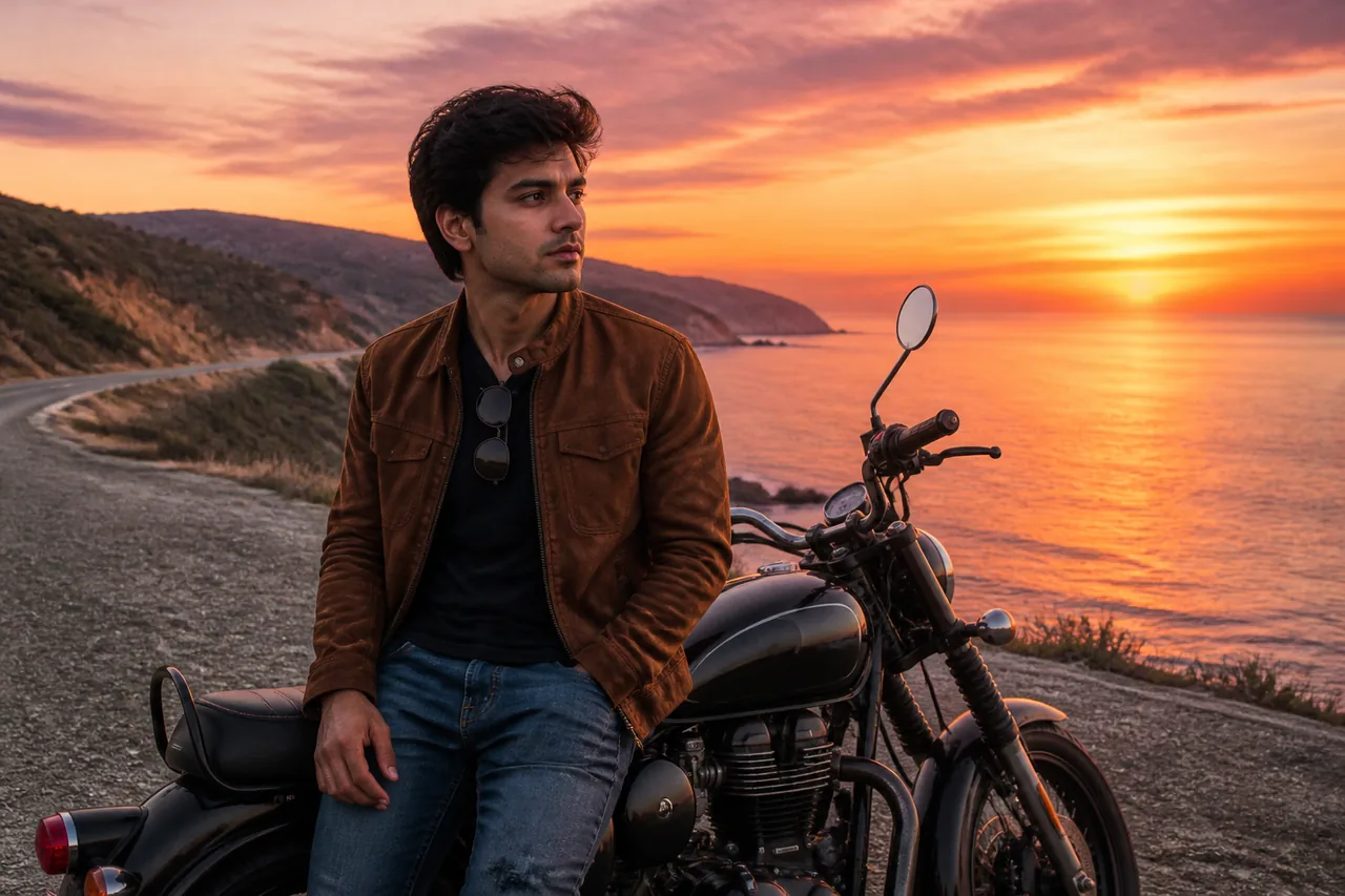 Coastal Highway Sunset Cruiser Bike Photo Prompt – AI se bani photo