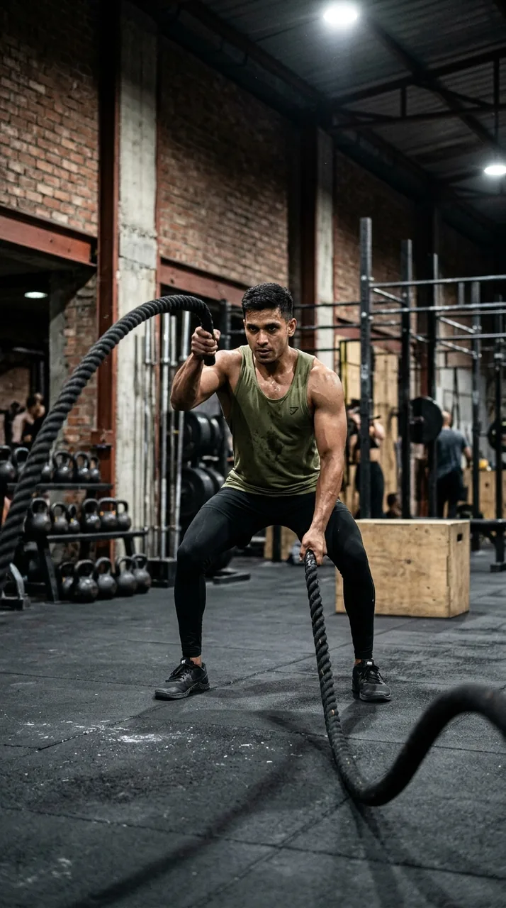CrossFit Battle Ropes Action Fitness Photo Prompt – AI se bani photo