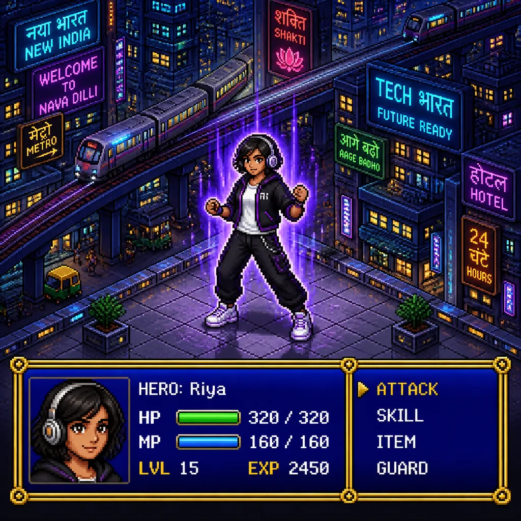 Cyberpunk Indian RPG 16-Bit Pixel Game Card Prompt – AI se bani photo