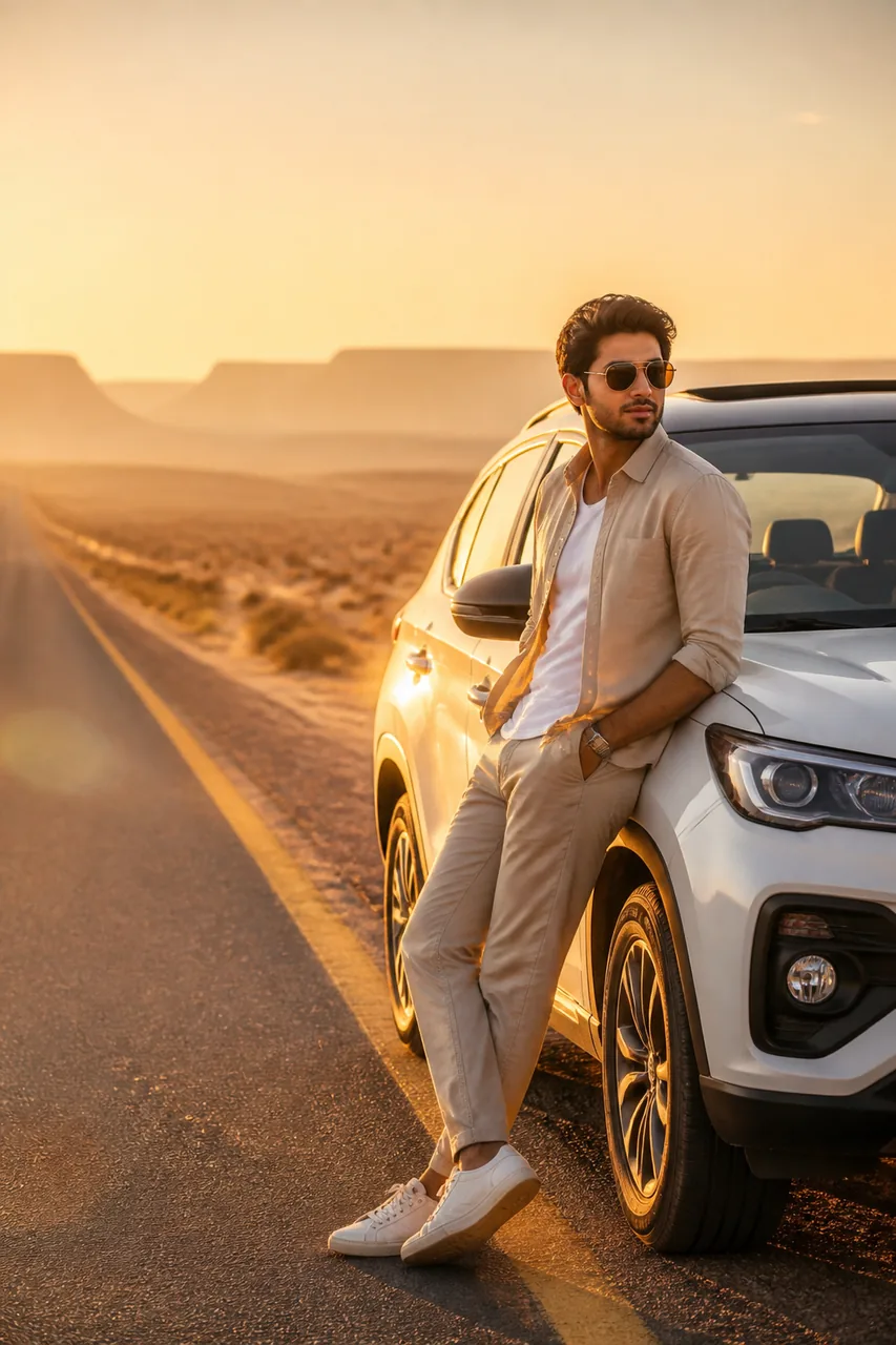 Desert Highway Golden Hour Car Photo Prompt (Gemini AI) – AI se bani photo