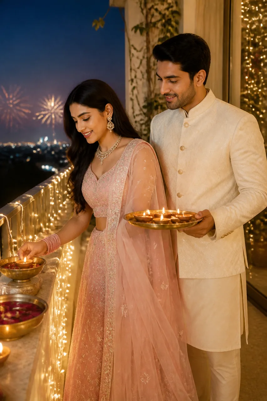 Diwali Balcony Fairy Lights Couple Portrait Prompt – AI se bani photo