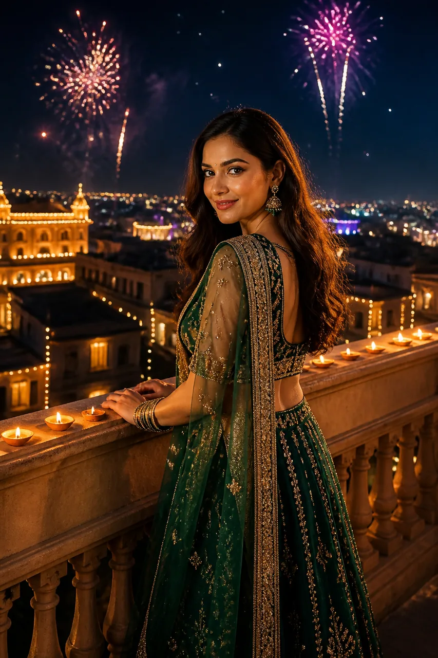 Diwali Balcony Fireworks Night Photo AI Prompt – AI se bani photo
