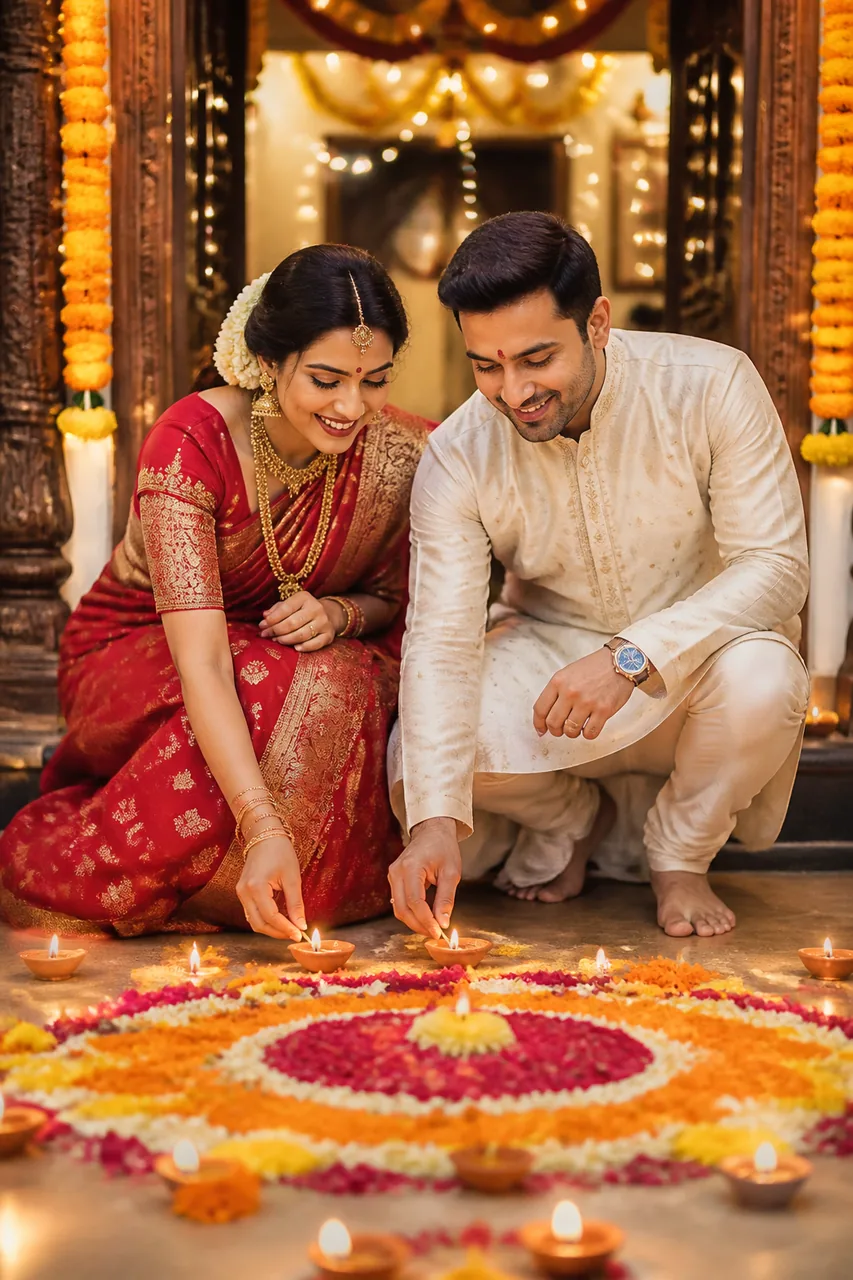 Diwali Couple Doorstep Diya & Rangoli Photo Prompt – AI se bani photo