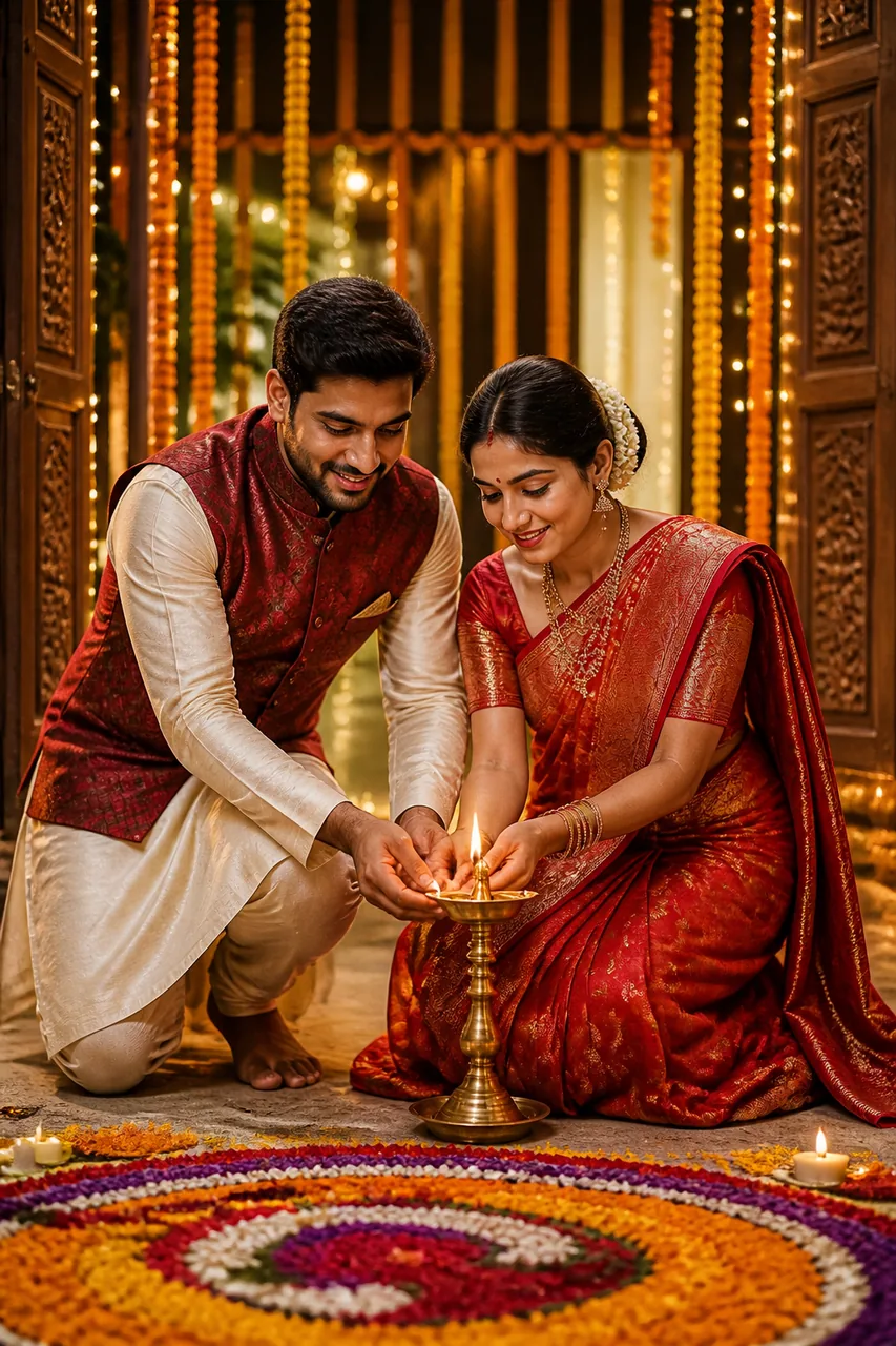 Diwali Couple Photo at Doorstep with Rangoli (Gemini AI) – AI se bani photo