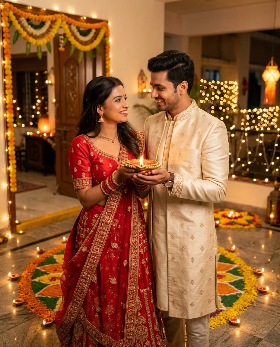 Diwali Couple Photo Prompt with Diyas and Rangoli – AI se bani photo