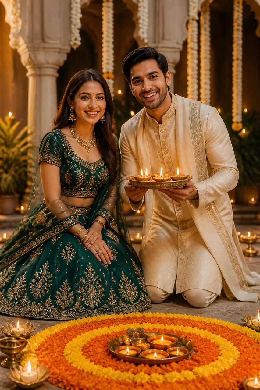 Diwali Couple Portrait with Rangoli and Brass Thali – AI se bani photo