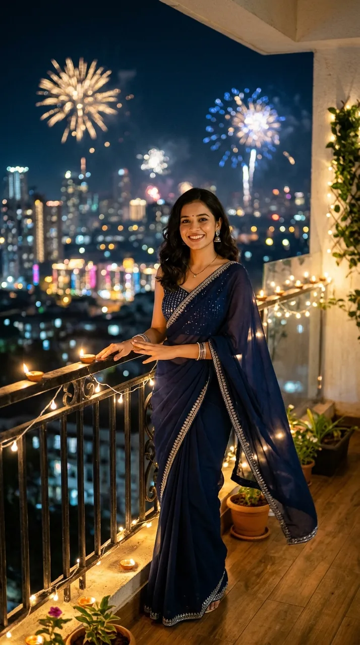 Diwali Night Balcony City Skyline Prompt (Full View) – AI se bani photo