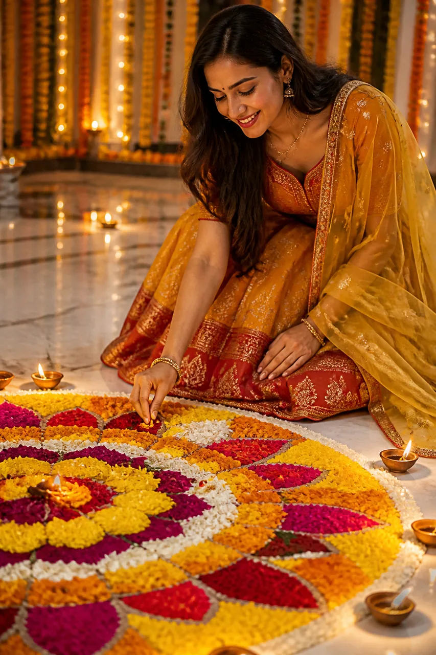 Diwali Rangoli Making Lehenga Look Prompt for Girls – AI se bani photo