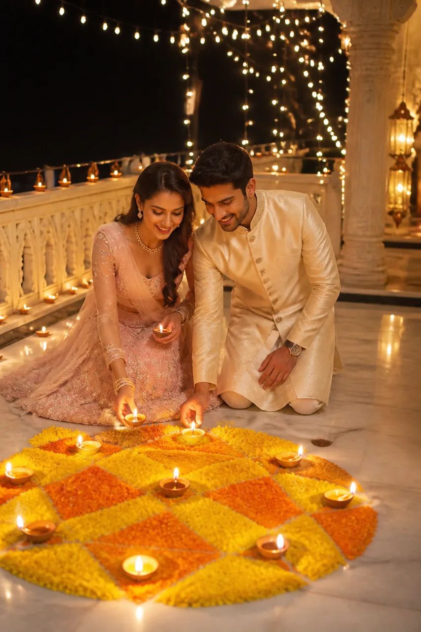 Diwali Romantic Couple Rangoli AI Photo Prompt – AI se bani photo