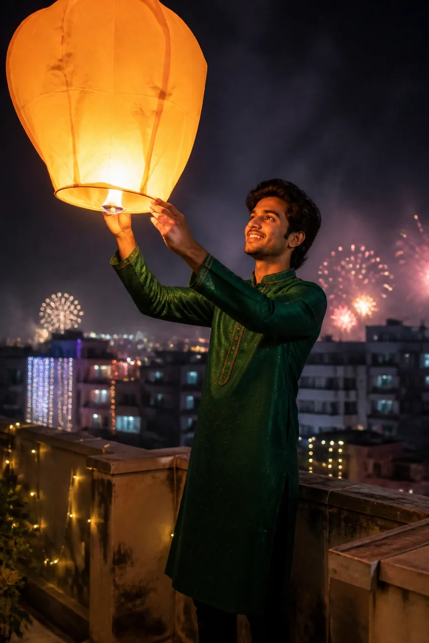 Diwali Rooftop Sky Lantern Photo Prompt for Men – AI se bani photo
