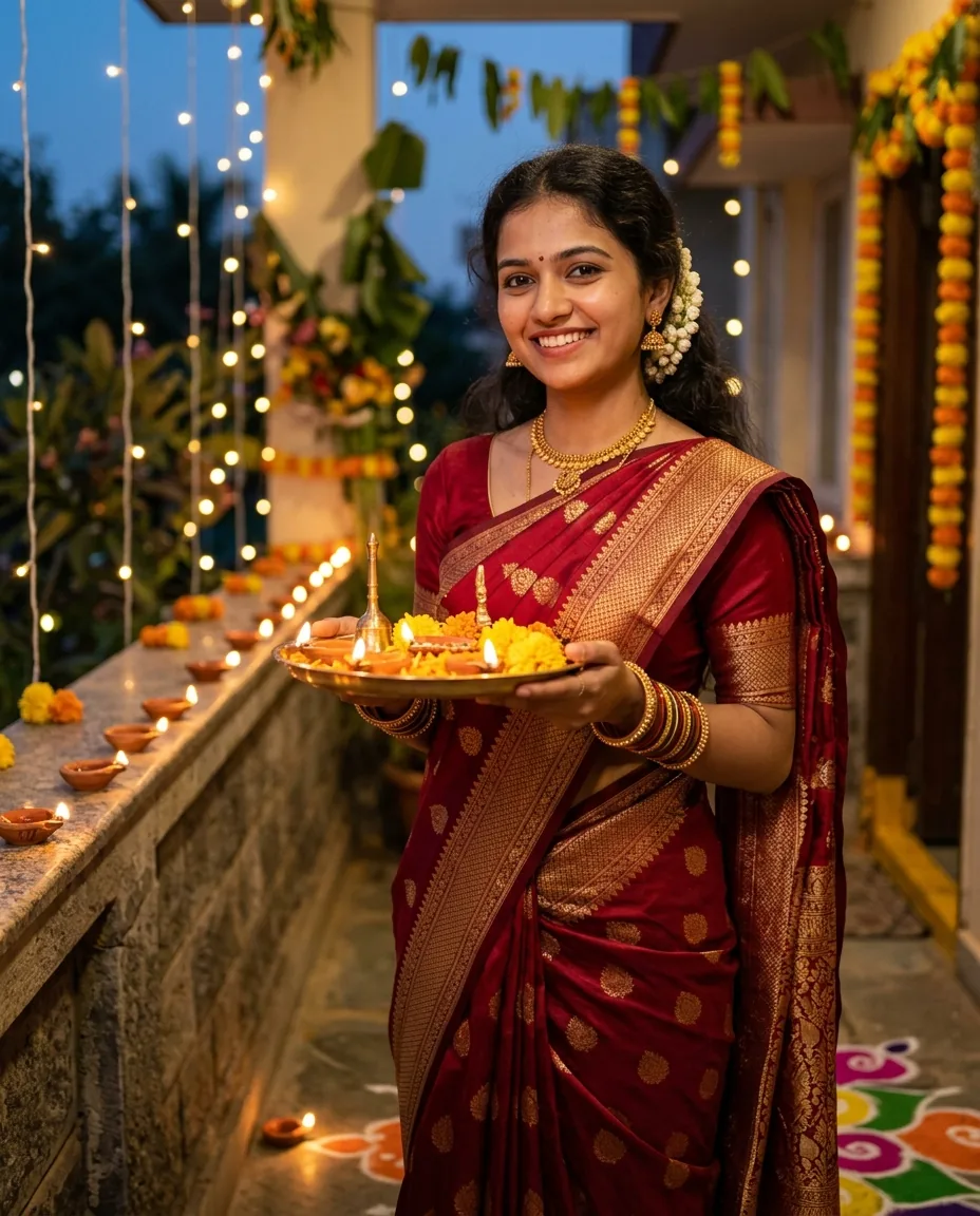 Diwali Saree Diya Thali Photo Prompt (Gemini AI) – AI se bani photo