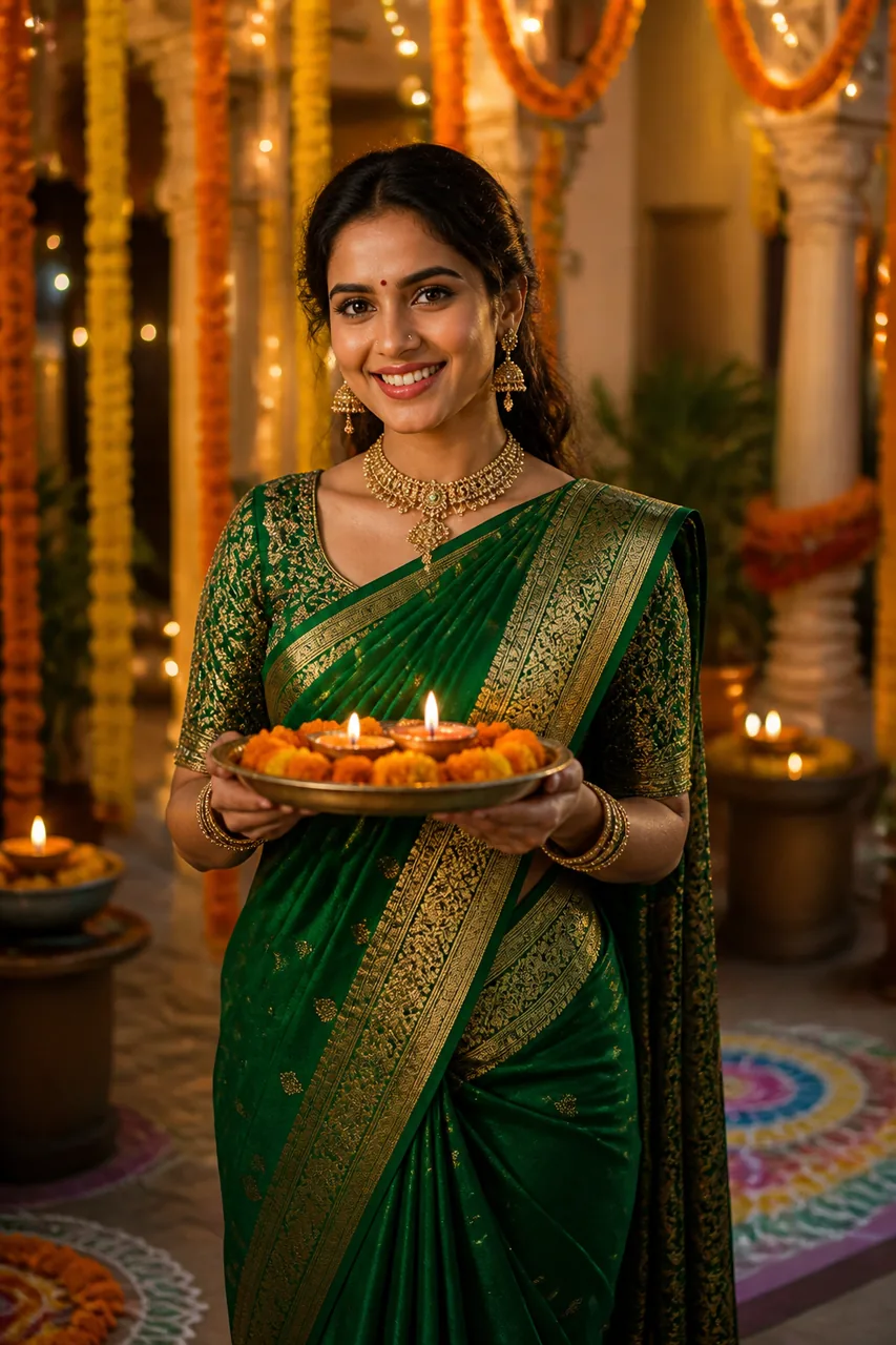 Diwali Silk Saree Diya Thali Photo Prompt (AI) – AI se bani photo