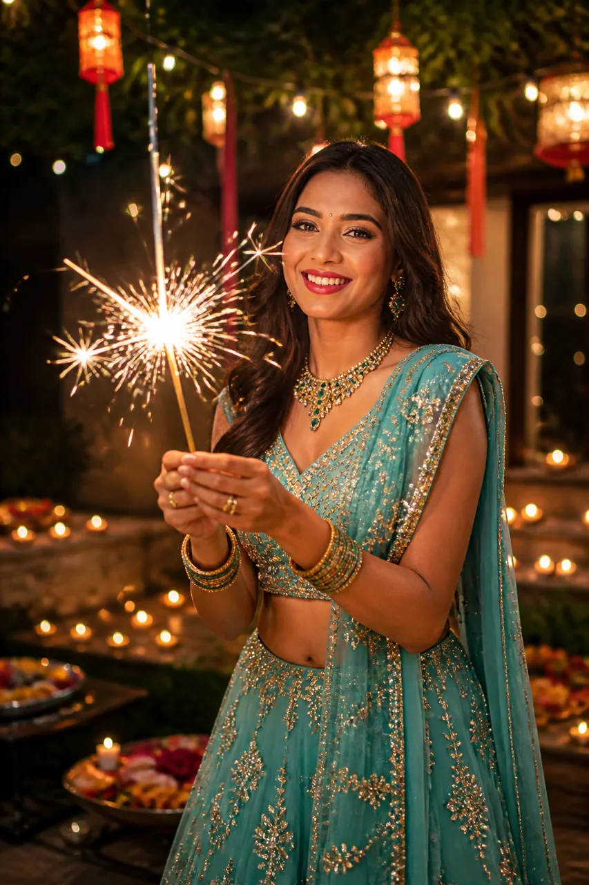 Diwali Sparkler Night Lehenga Photo Prompt (Gemini AI) – AI se bani photo