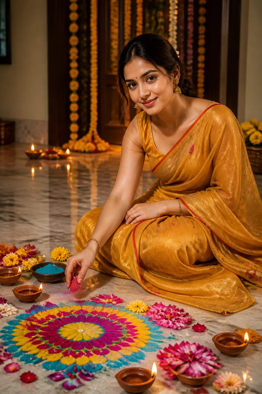 Diwali Traditional Rangoli Making Photo Prompt – AI se bani photo