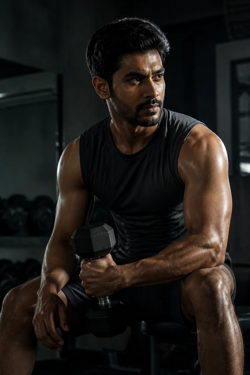 Dramatic Side Light Dumbbell Gym Portrait (Gemini AI) – AI se bani photo