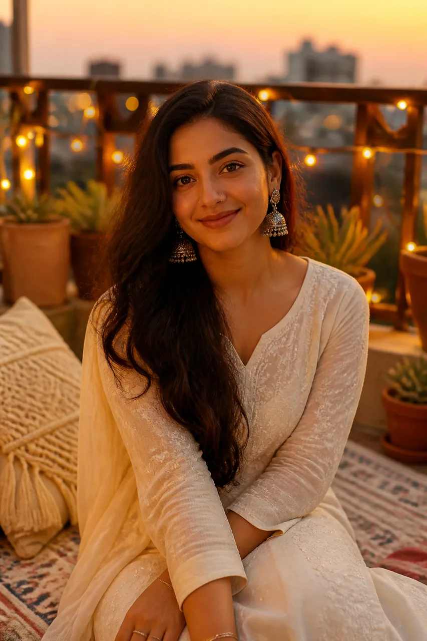 Golden Hour Fairy Lights Aesthetic Girl Photo Prompt – AI se bani photo