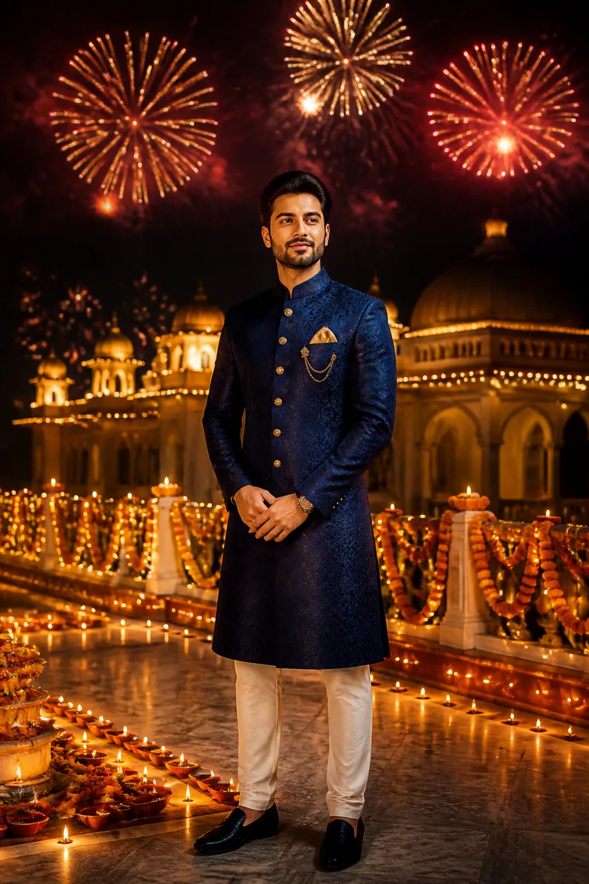 Grand Diwali Fireworks Terrace Portrait in Royal Sherwani – AI se bani photo