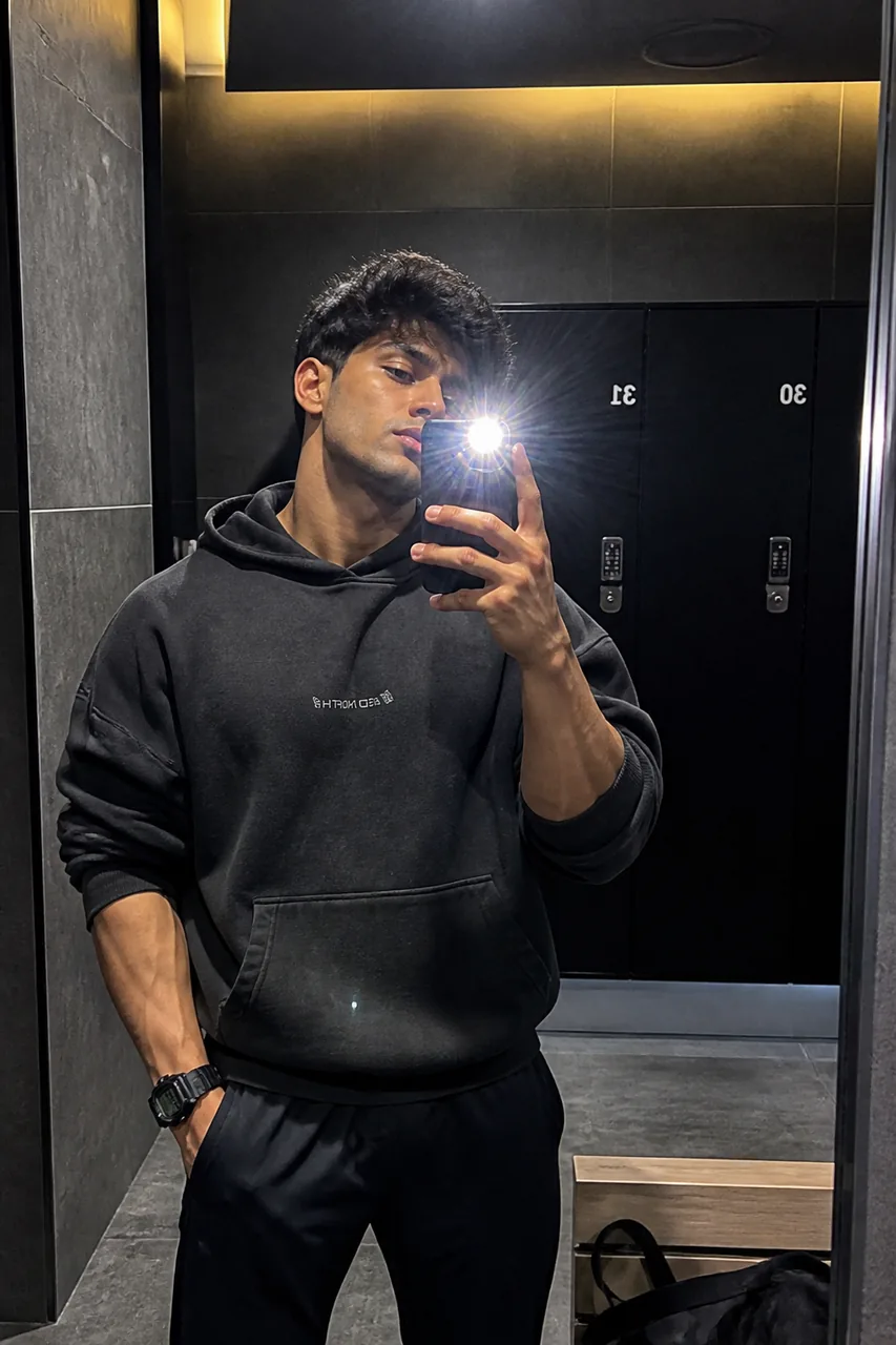 Gym Locker Room Mirror Selfie with Flash & Pump Cover – AI se bani photo