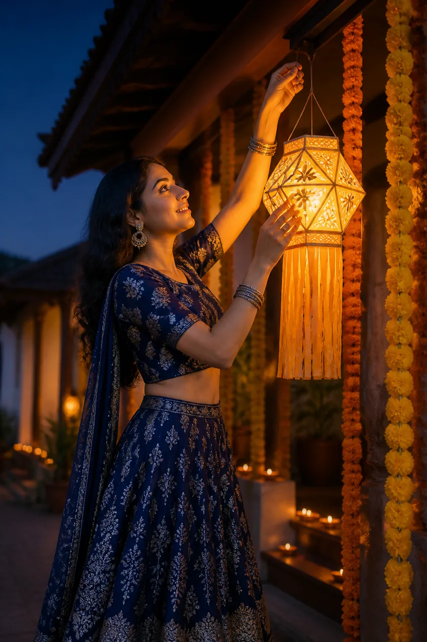 Hanging Akash Kandil Lantern Lehenga Diwali Prompt – AI se bani photo