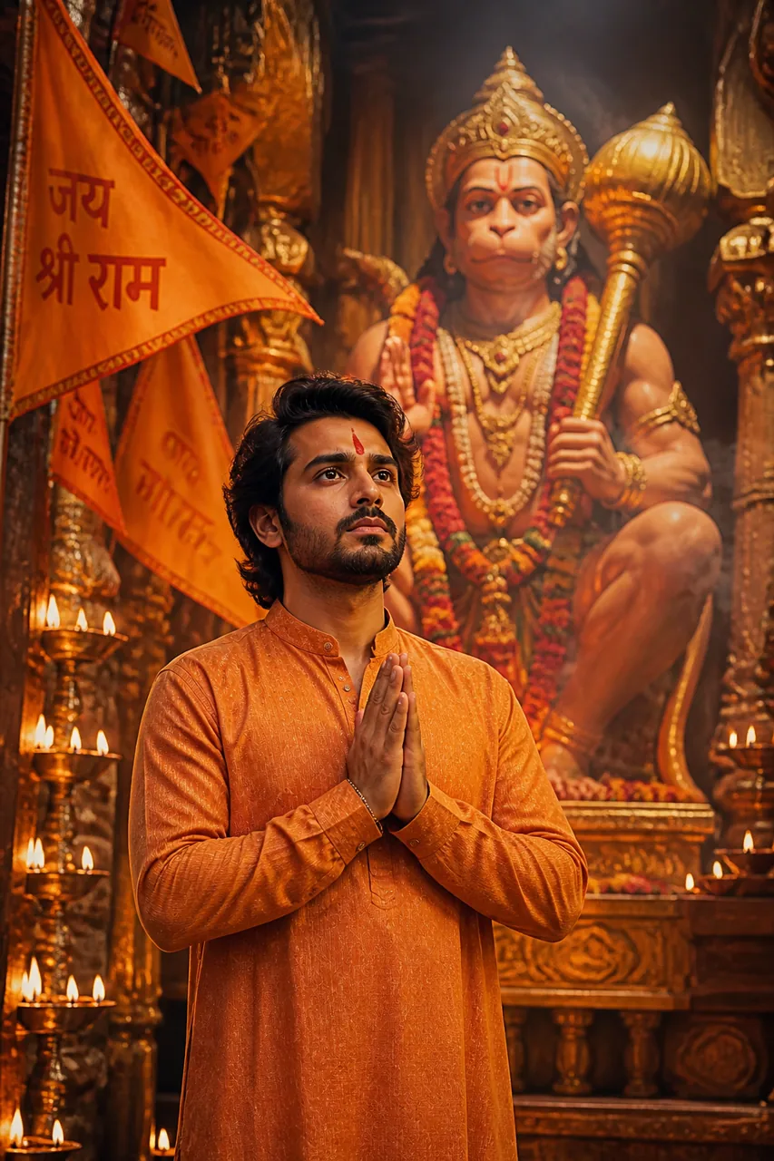 Hanuman Ji Mandir Saffron Aarti Photo Prompt for AI – AI se bani photo