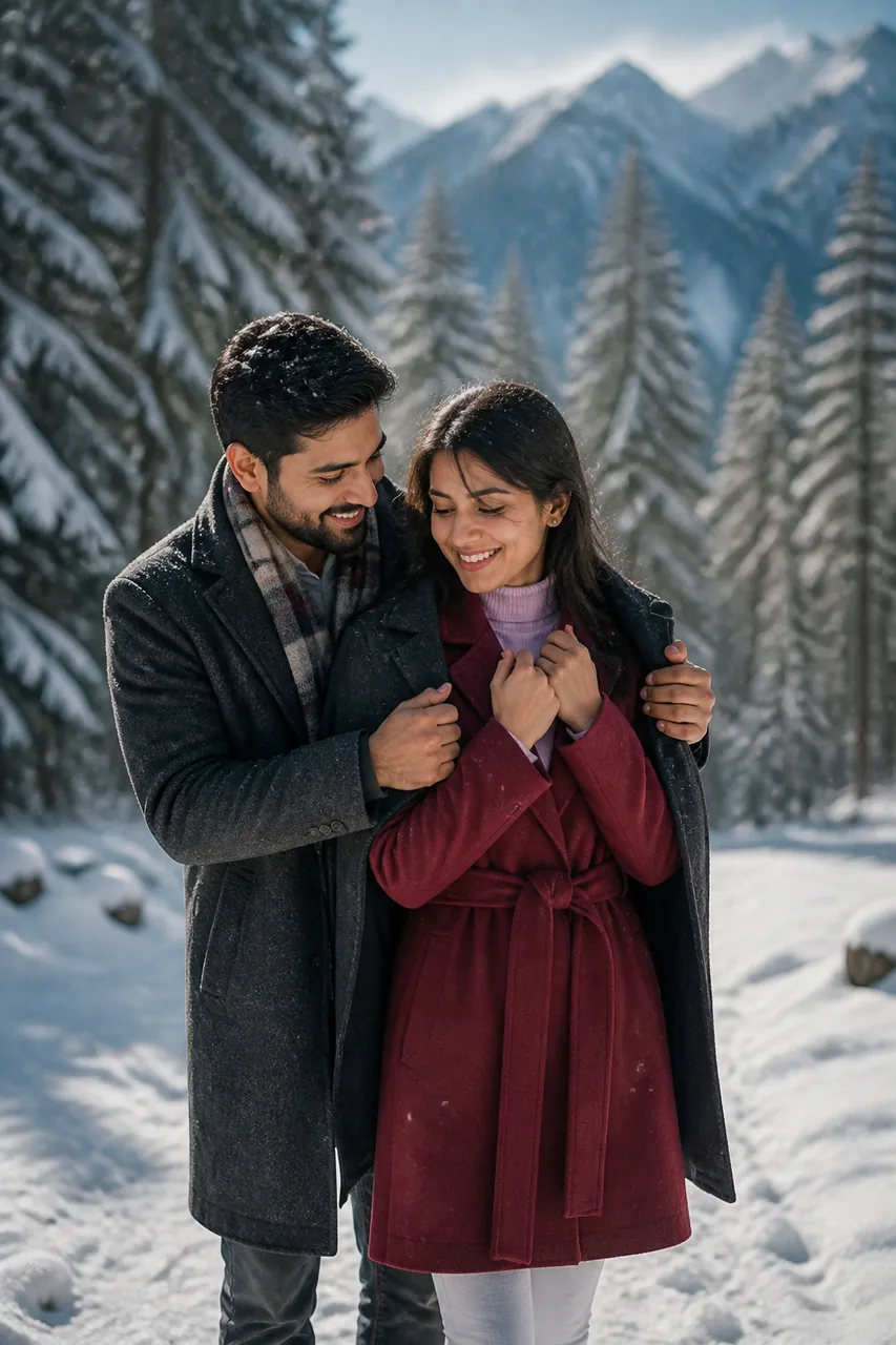 Himachal Snow Romantic Winter Pre-Wedding Photo Prompt – AI se bani photo