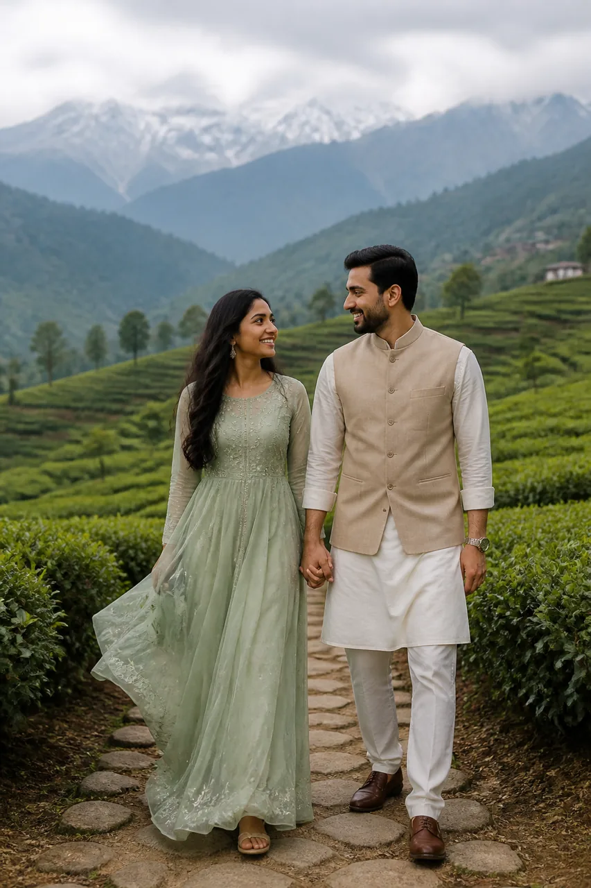 Himachal Tea Garden Rolling Hills Pre-Wedding Shoot Prompt – AI se bani photo