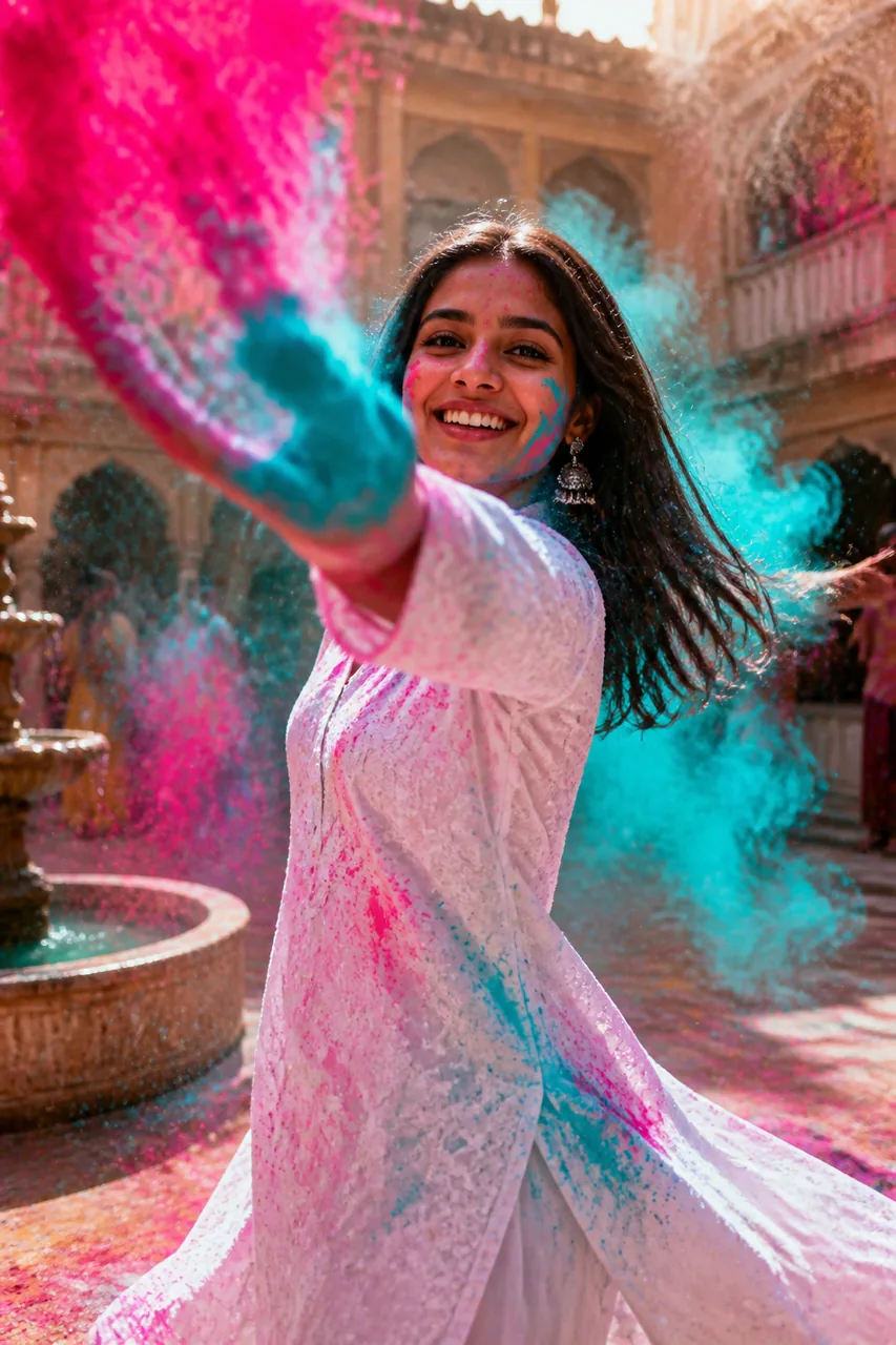 Holi Gulal Slow Motion Cinematic Video Prompt (Kling AI) – AI se bani photo