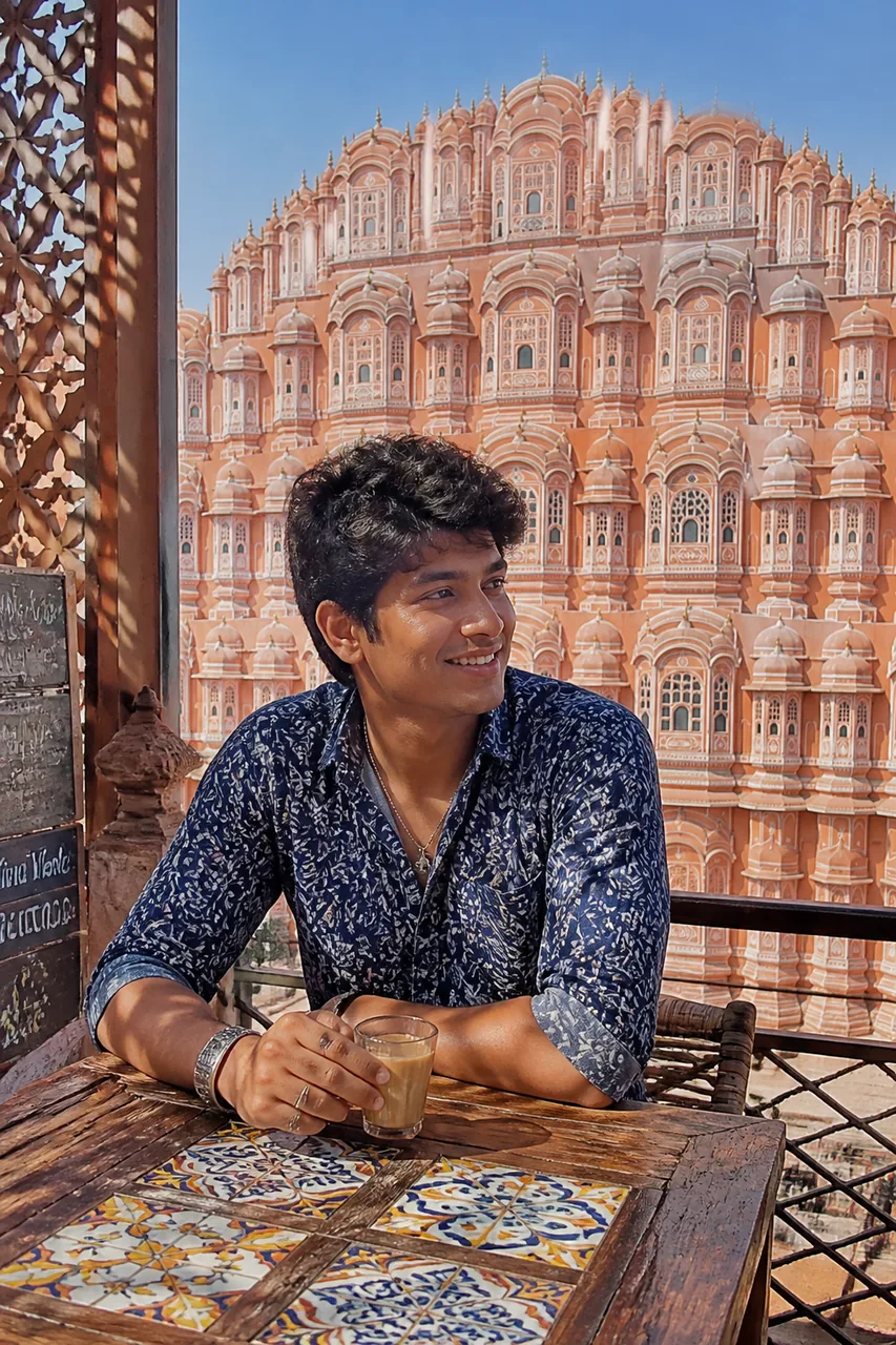 Jaipur Hawa Mahal Rooftop Cafe Photo Prompt – AI se bani photo