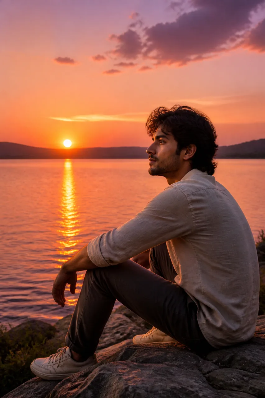 Lakeside Sunset Cliff Aesthetic Silhouette Photo (AI) – AI se bani photo