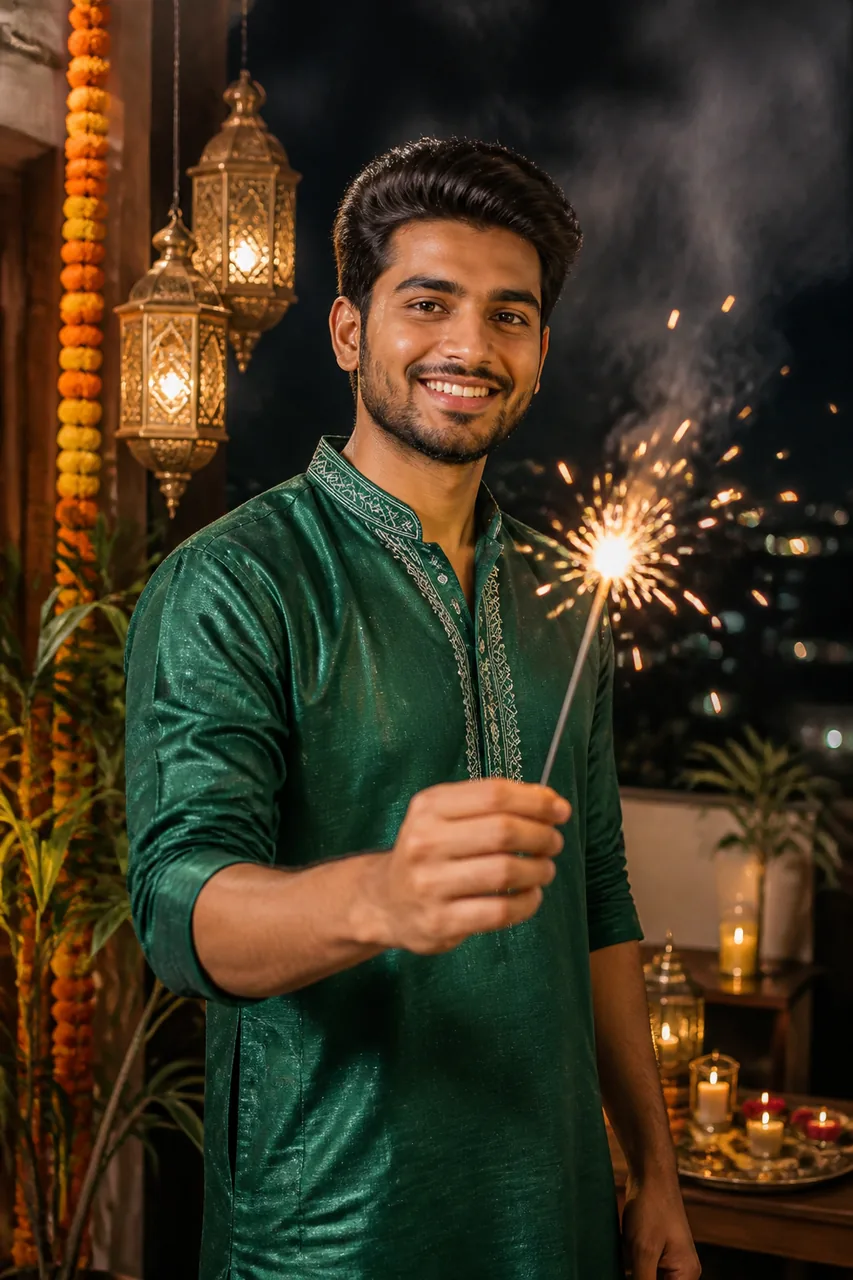 Men Diwali Sparkler Night Portrait in Silk Kurta – AI se bani photo