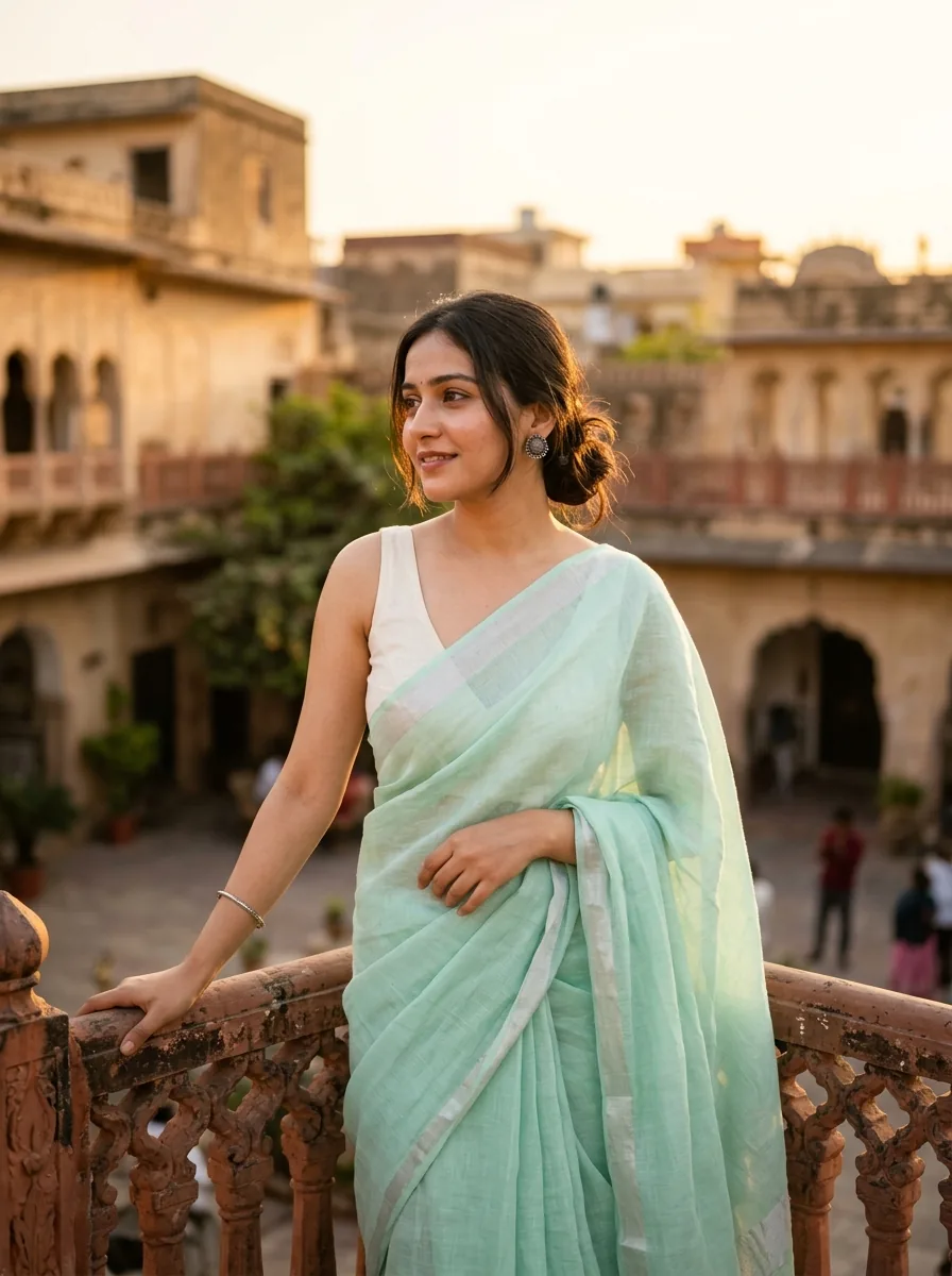 Mint Green Linen Saree Sunset Balcony Photo Prompt – AI se bani photo