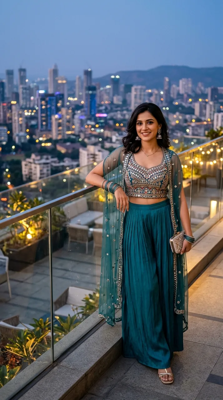 Modern Indo-Western Rooftop Sundowner AI Prompt – AI se bani photo