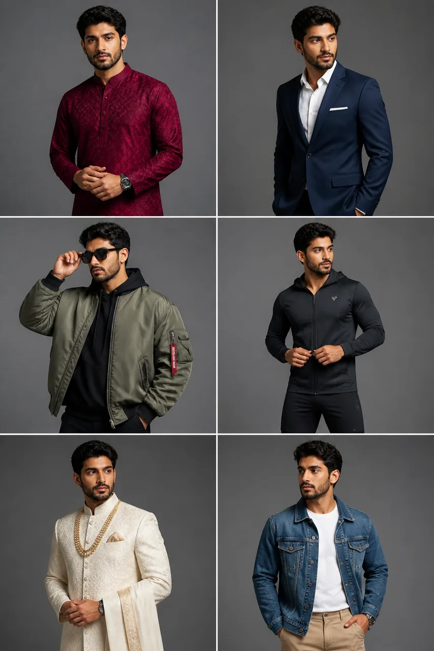 Modern Men Lookbook Collage 6 Outfits AI Prompt – AI se bani photo