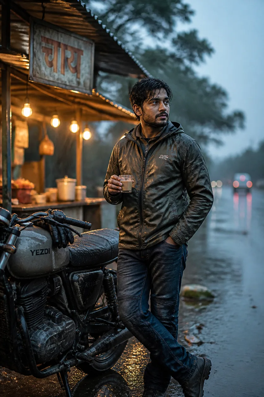 Monsoon Highway Dhaba Bike Stop Photo AI Prompt – AI se bani photo