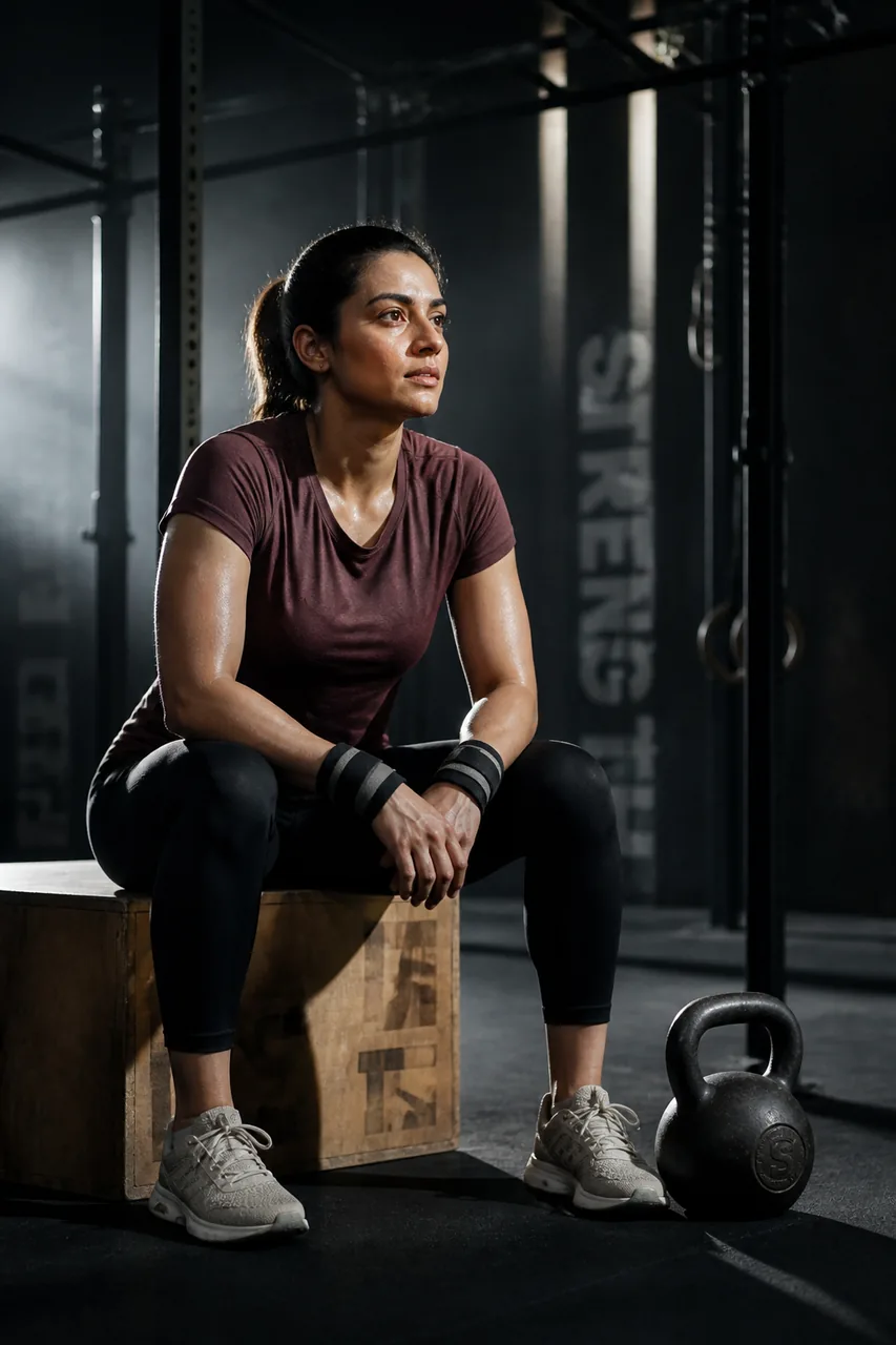 Moody Kettlebell Rest Post-Workout Gym Portrait – AI se bani photo