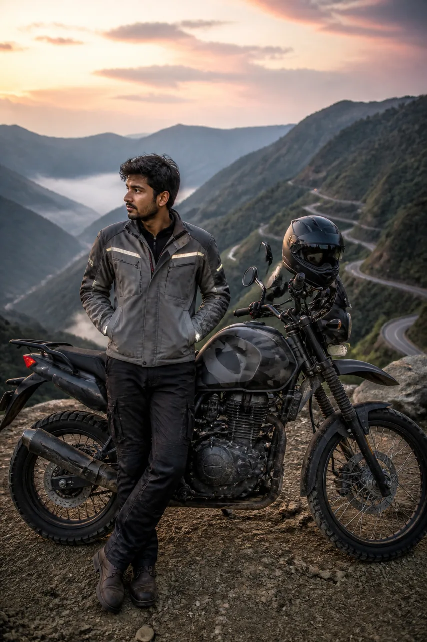 Mountain Ghat Road Adventure Bike Rider Prompt – AI se bani photo